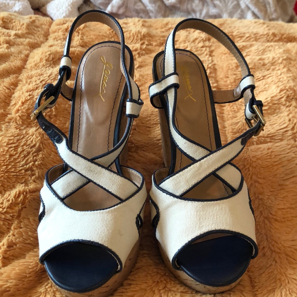 Size 10 cream and navy canvas wedges.